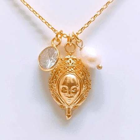 Nino Face with Pearl and cz pendant necklace, Brass 22k gold plated, Handmade jewelry